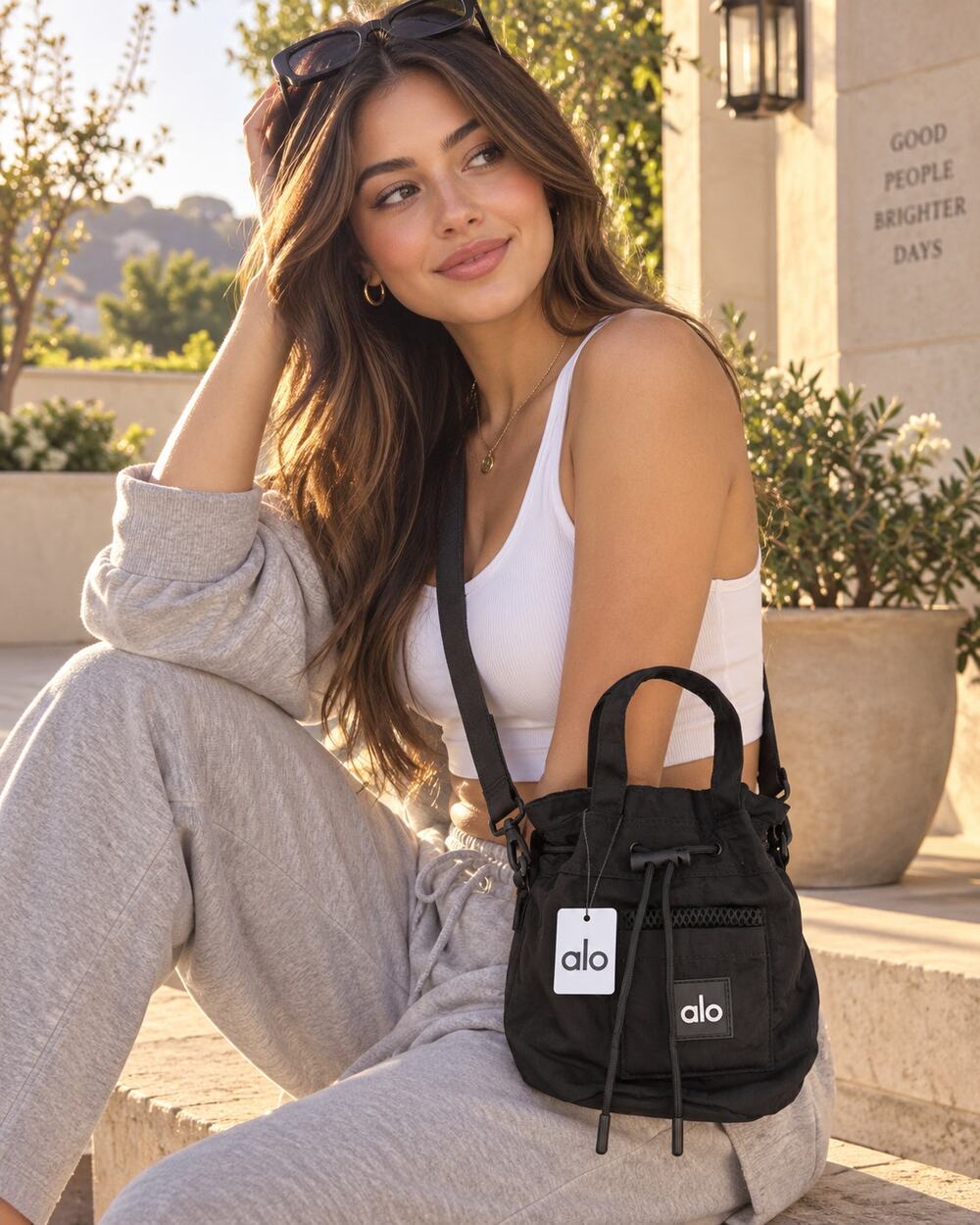 ALO Yoga Black Utility Crossbody Bucket Bag Drawstring Logo NWT